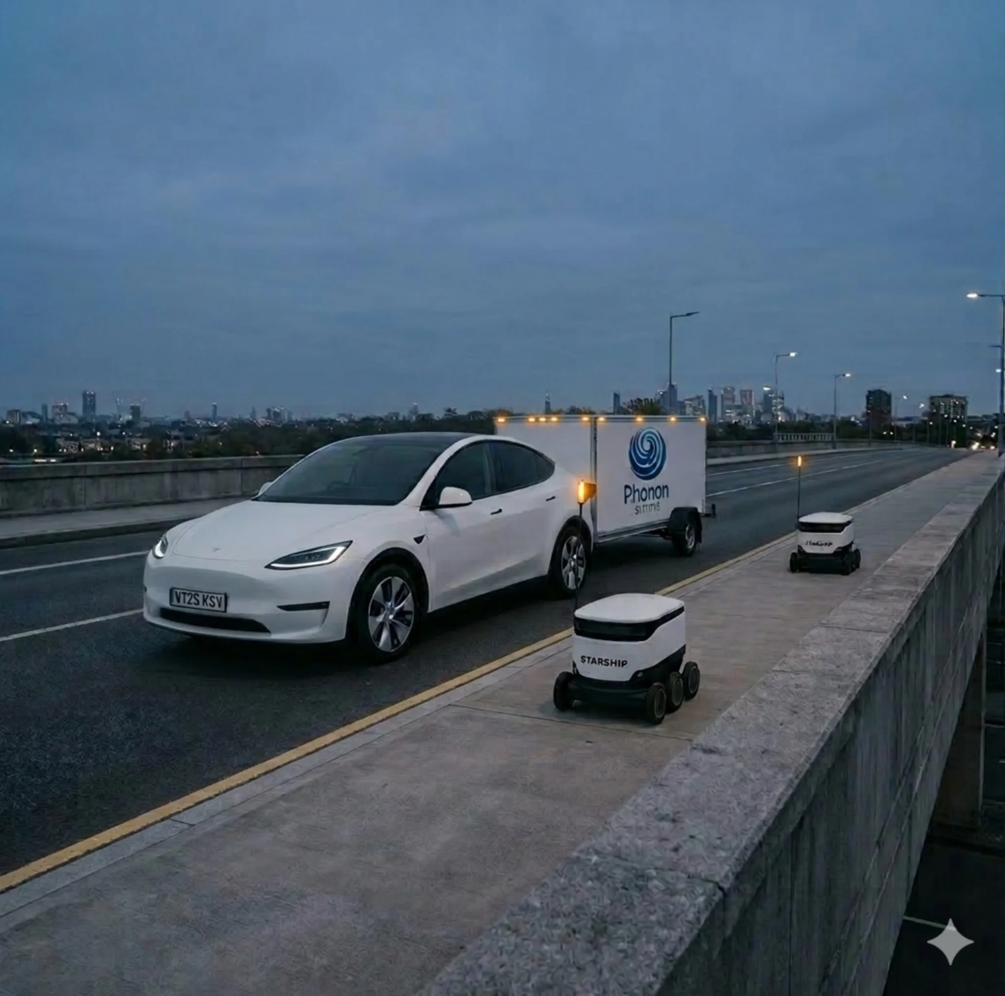 Autonomous vehicle, trailer and mobile robots on a bridge